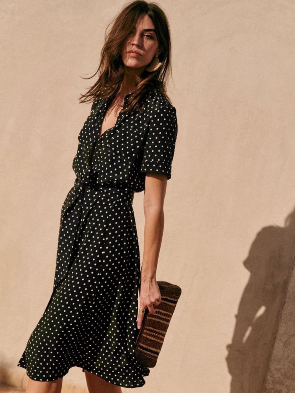 SEZANE Black & White Polka Dot Printed Belted Button Down Adele Shirt Dress - Picture 12 of 12